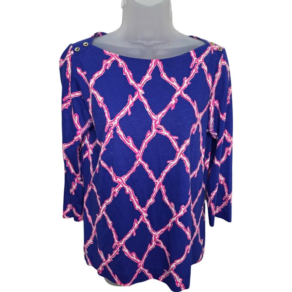 Lilly Pulitzer Pima Cotton Blue Pink Boat Neck Top Gold Buttons Medium Preppy